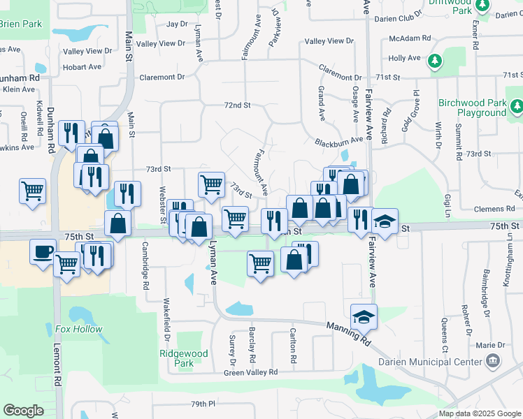 map of restaurants, bars, coffee shops, grocery stores, and more near 7332 York Road in Downers Grove