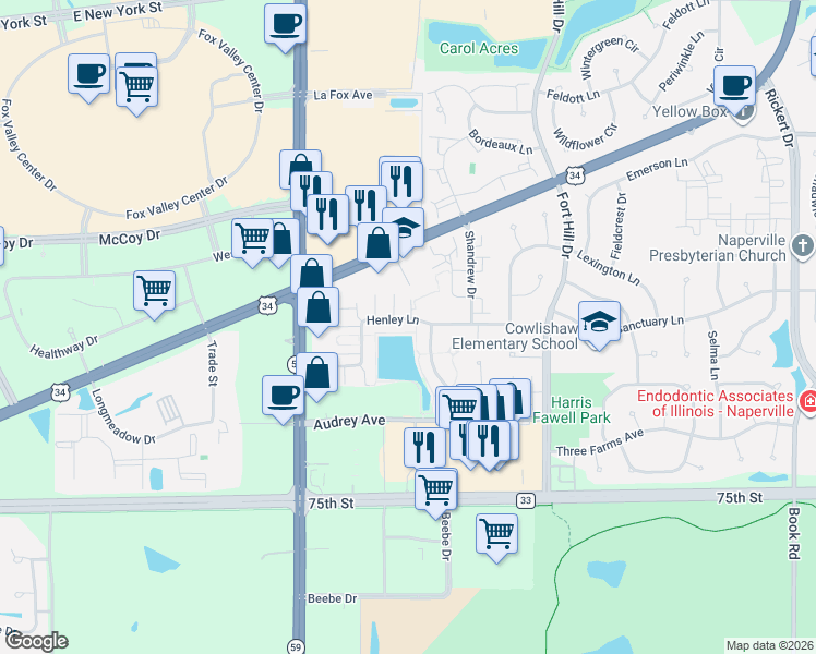 map of restaurants, bars, coffee shops, grocery stores, and more near in Naperville