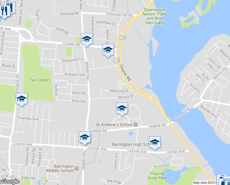 map of restaurants, bars, coffee shops, grocery stores, and more near 14 Manning Drive in Barrington
