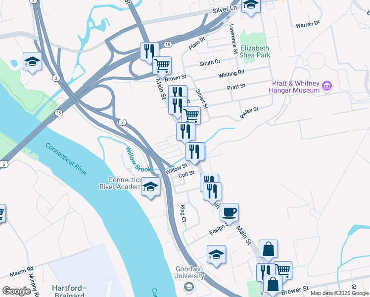 map of restaurants, bars, coffee shops, grocery stores, and more near 435 Main Street in East Hartford
