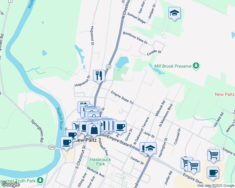 map of restaurants, bars, coffee shops, grocery stores, and more near 25 Henry W Dubois Drive in New Paltz