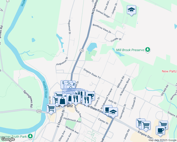 map of restaurants, bars, coffee shops, grocery stores, and more near 25 Henry W Dubois Drive in New Paltz