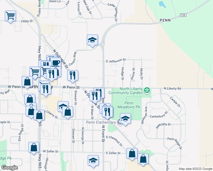 map of restaurants, bars, coffee shops, grocery stores, and more near 615 Jules Court in North Liberty
