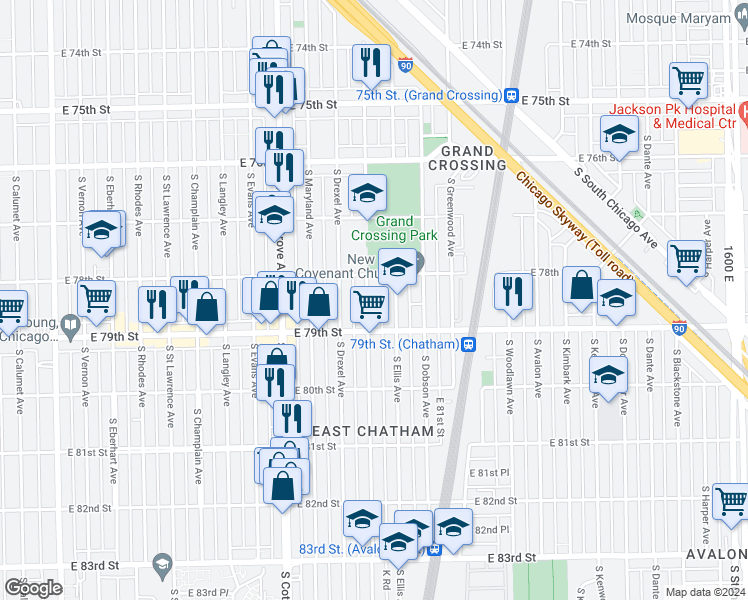 map of restaurants, bars, coffee shops, grocery stores, and more near 7827 South Ingleside Avenue in Chicago