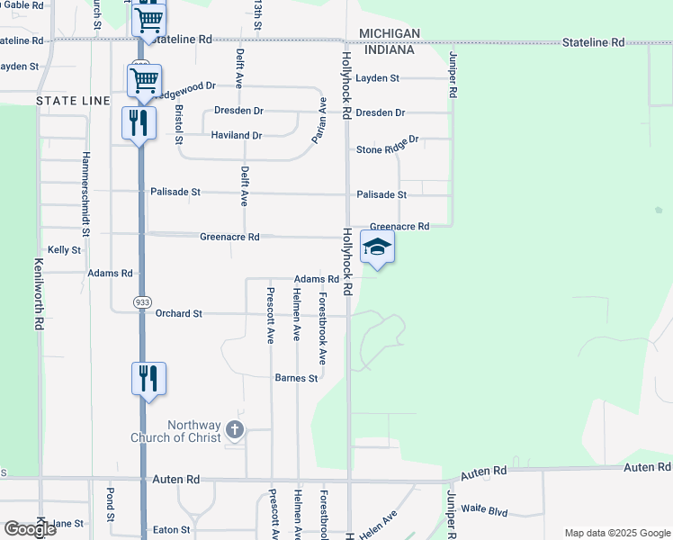 map of restaurants, bars, coffee shops, grocery stores, and more near 19301 Adams Road in South Bend