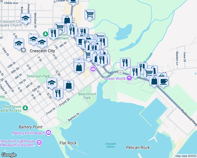 map of restaurants, bars, coffee shops, grocery stores, and more near in Crescent City