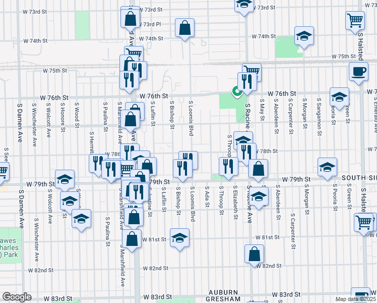 map of restaurants, bars, coffee shops, grocery stores, and more near 7557 South Loomis Boulevard in Chicago