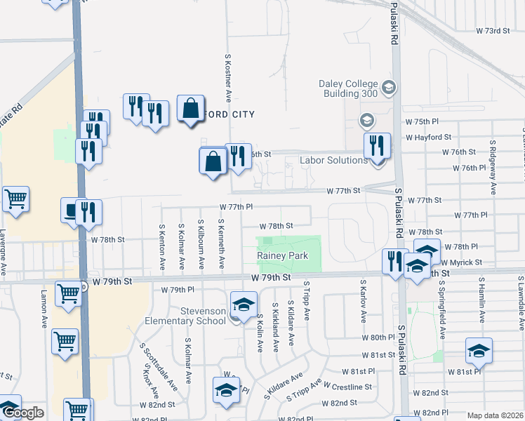 map of restaurants, bars, coffee shops, grocery stores, and more near 4329 West 77th Place in Chicago