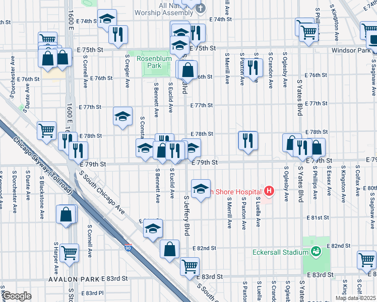 map of restaurants, bars, coffee shops, grocery stores, and more near 7835 South Jeffery Boulevard in Chicago