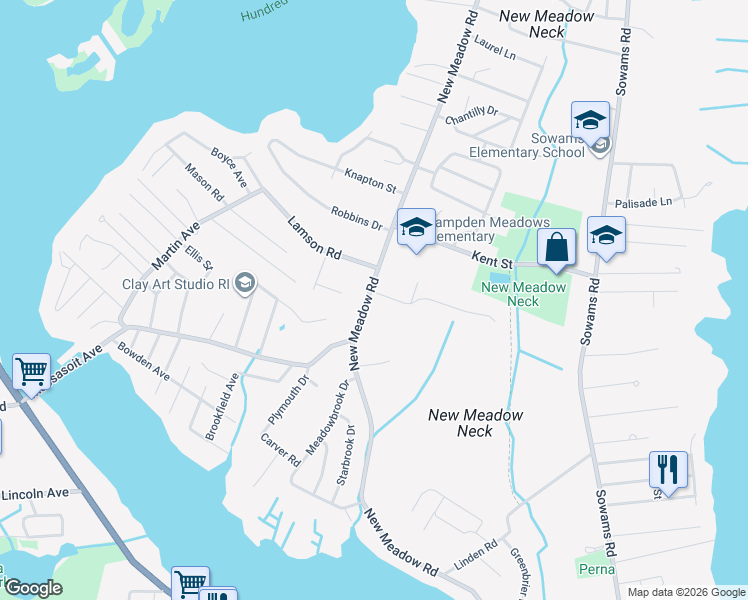 map of restaurants, bars, coffee shops, grocery stores, and more near 265 New Meadow Road in Barrington