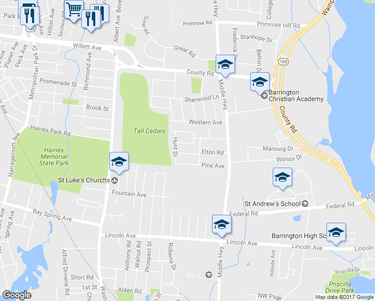 map of restaurants, bars, coffee shops, grocery stores, and more near 5 Deerfield Drive in Barrington