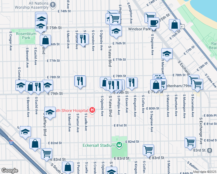map of restaurants, bars, coffee shops, grocery stores, and more near 7835 South Oglesby Avenue in Chicago