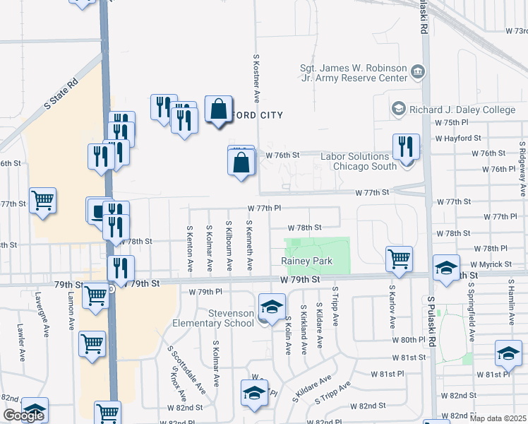 map of restaurants, bars, coffee shops, grocery stores, and more near 7718 South Kostner Avenue in Chicago