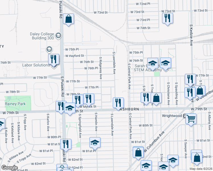 map of restaurants, bars, coffee shops, grocery stores, and more near 3730 West 77th Place in Chicago