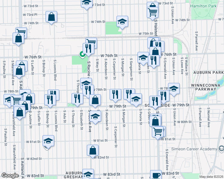 map of restaurants, bars, coffee shops, grocery stores, and more near 7757 South Aberdeen Street in Chicago