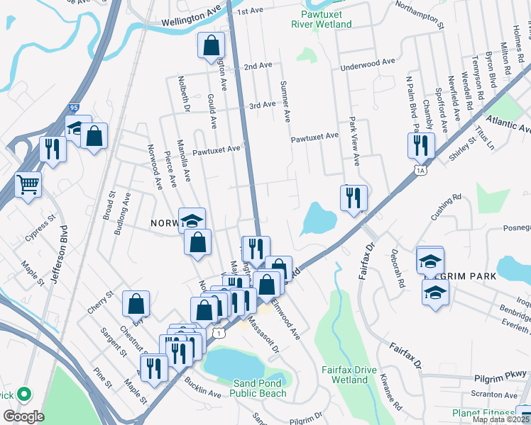 map of restaurants, bars, coffee shops, grocery stores, and more near 2030 Elmwood Avenue in Warwick