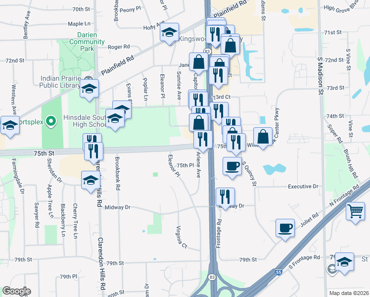 map of restaurants, bars, coffee shops, grocery stores, and more near 53 West 75th Street in Willowbrook