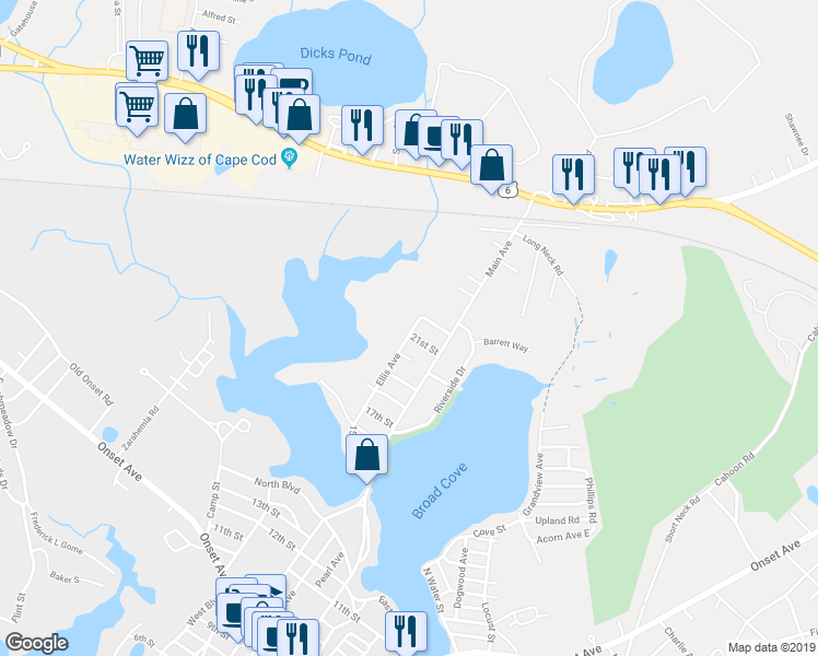 map of restaurants, bars, coffee shops, grocery stores, and more near 29 Ellis Avenue in Wareham