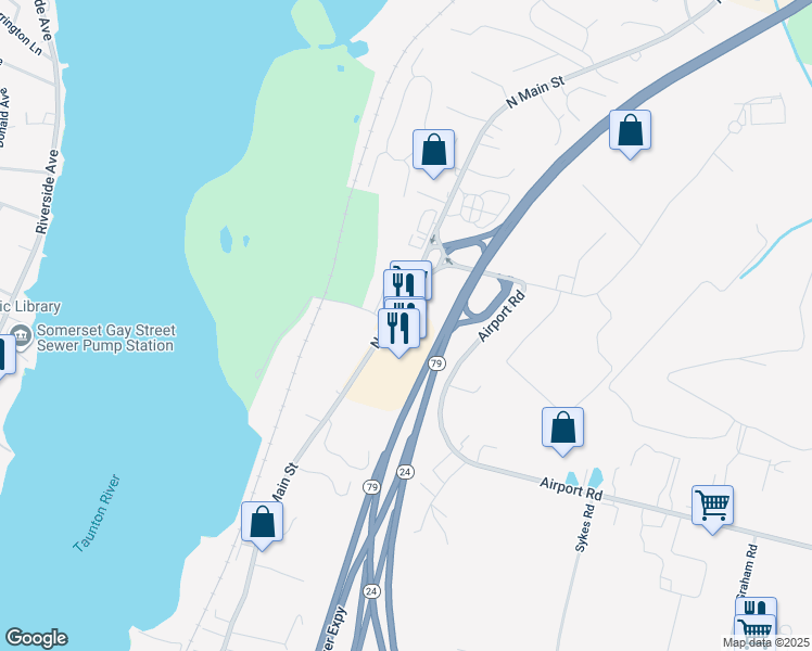 map of restaurants, bars, coffee shops, grocery stores, and more near 4263 North Main Street in Fall River