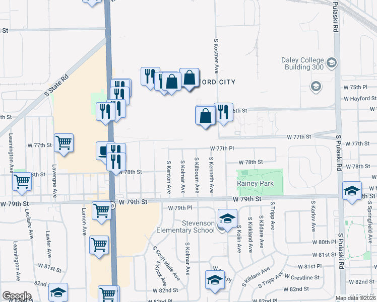 map of restaurants, bars, coffee shops, grocery stores, and more near 7717 West 77th Place in Chicago