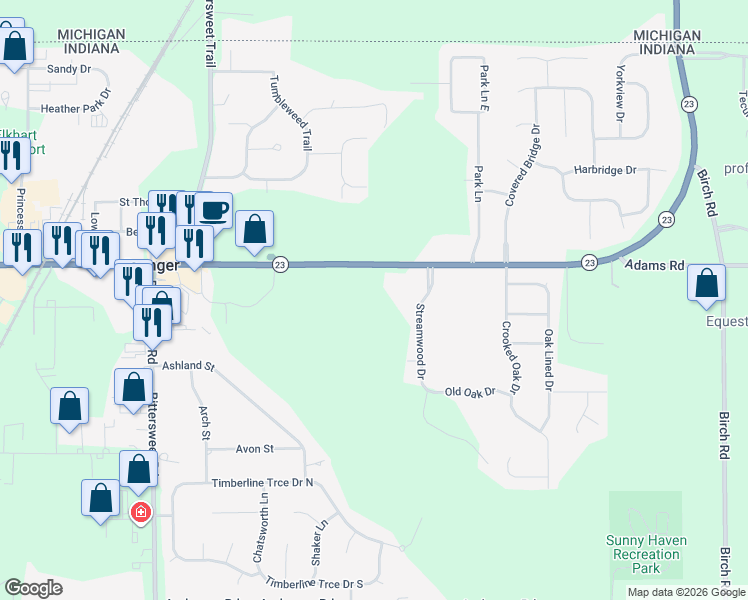 map of restaurants, bars, coffee shops, grocery stores, and more near 12064 Adams Road in Granger