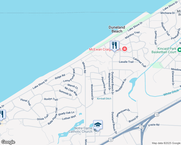 map of restaurants, bars, coffee shops, grocery stores, and more near 850 Westwood Drive in Michigan City