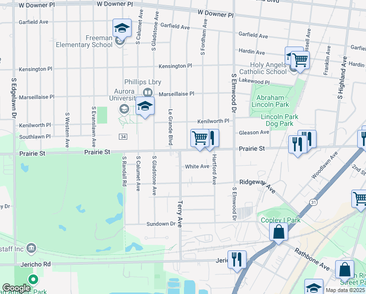 map of restaurants, bars, coffee shops, grocery stores, and more near 445 South Commonwealth Avenue in Aurora
