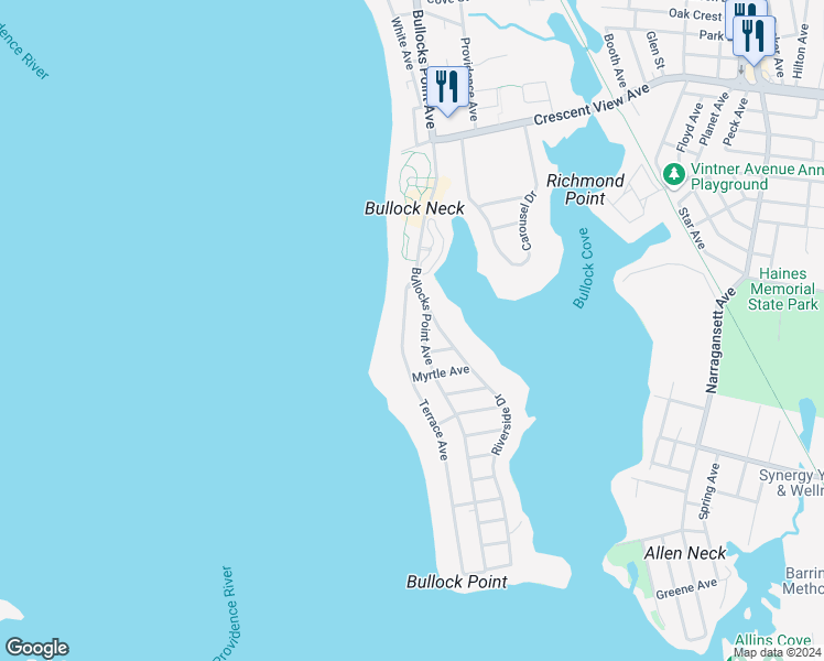 map of restaurants, bars, coffee shops, grocery stores, and more near 84 Terrace Avenue in East Providence