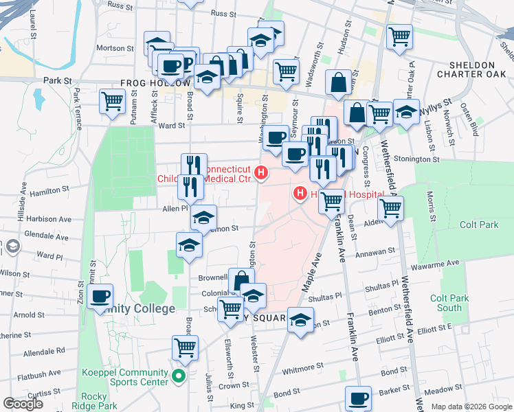 map of restaurants, bars, coffee shops, grocery stores, and more near Washington Street & Allen Place in Hartford