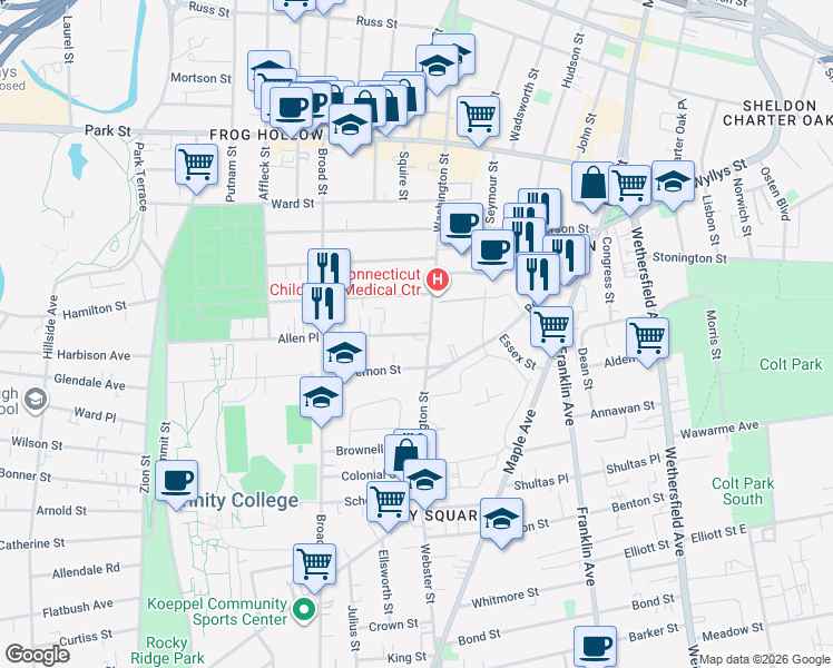 map of restaurants, bars, coffee shops, grocery stores, and more near 20 Allen Place in Hartford