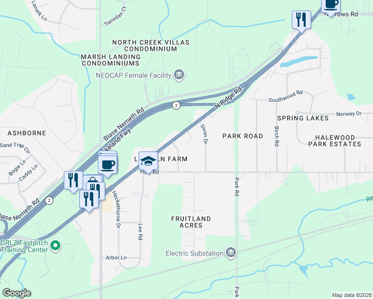 map of restaurants, bars, coffee shops, grocery stores, and more near 50 Base Drive in Painesville