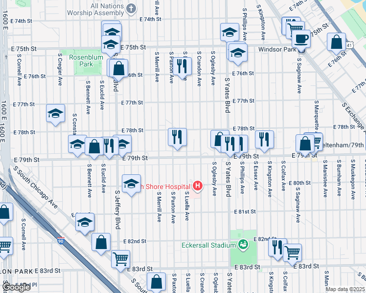map of restaurants, bars, coffee shops, grocery stores, and more near 7822 South Luella Avenue in Chicago