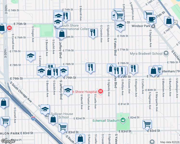 map of restaurants, bars, coffee shops, grocery stores, and more near 7832 South Paxton Avenue in Chicago