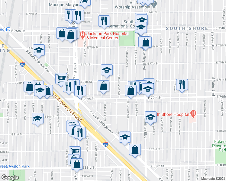 map of restaurants, bars, coffee shops, grocery stores, and more near 7829 South Cregier Avenue in Chicago