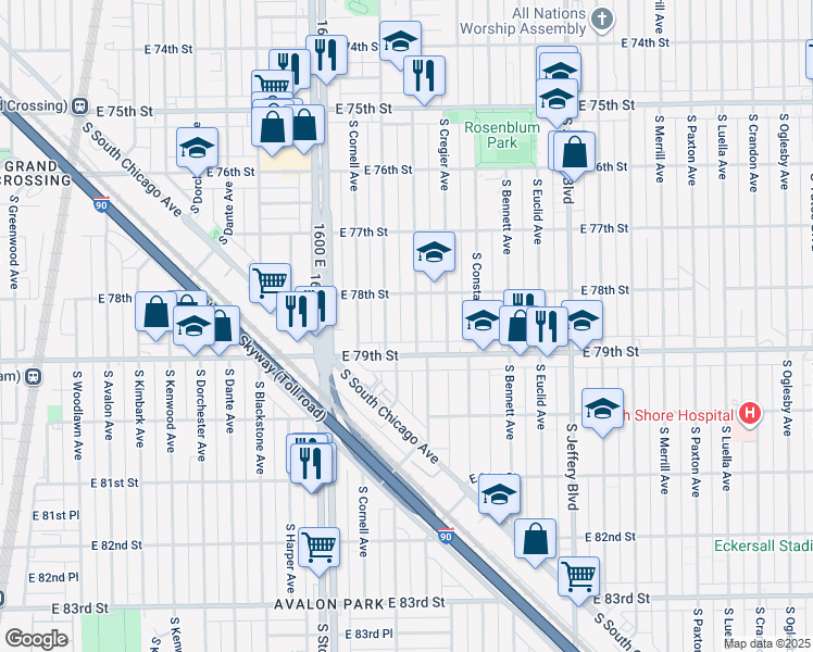 map of restaurants, bars, coffee shops, grocery stores, and more near 7829 South Ridgeland Avenue in Chicago