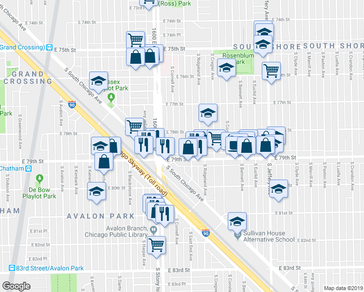 map of restaurants, bars, coffee shops, grocery stores, and more near 7826 South East End Avenue in Chicago