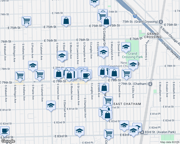 map of restaurants, bars, coffee shops, grocery stores, and more near 7817 South Langley Avenue in Chicago