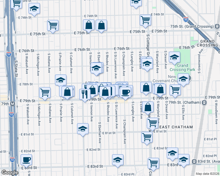 map of restaurants, bars, coffee shops, grocery stores, and more near 7814 South Saint Lawrence Avenue in Chicago