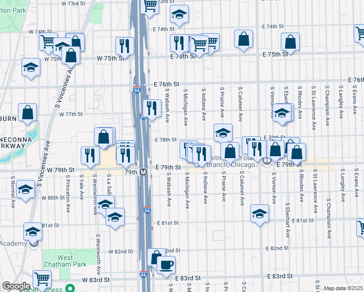 map of restaurants, bars, coffee shops, grocery stores, and more near 7809 South Wabash Avenue in Chicago