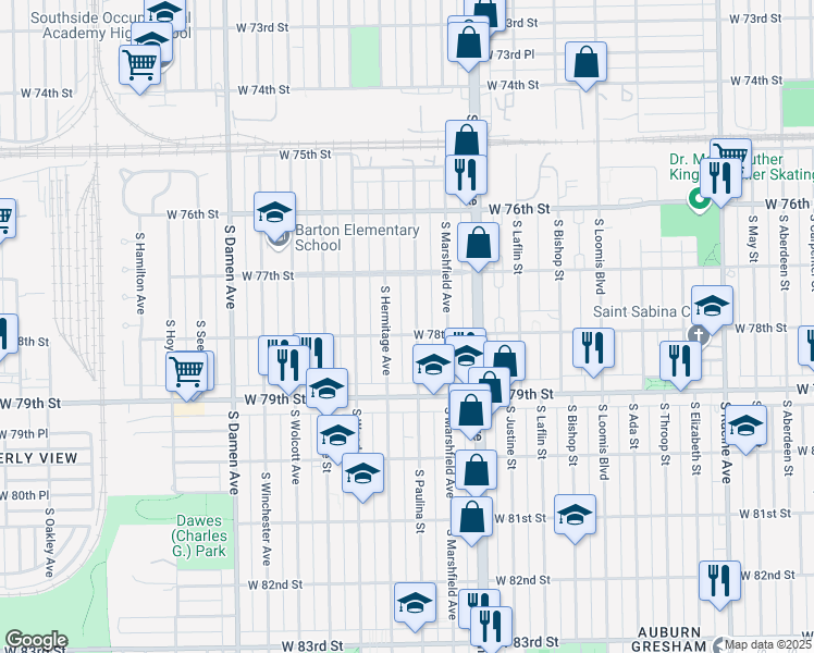 map of restaurants, bars, coffee shops, grocery stores, and more near 7748 South Paulina Street in Chicago