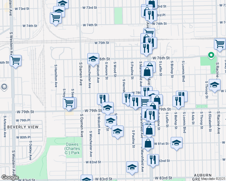map of restaurants, bars, coffee shops, grocery stores, and more near 7747 South Honore Street in Chicago