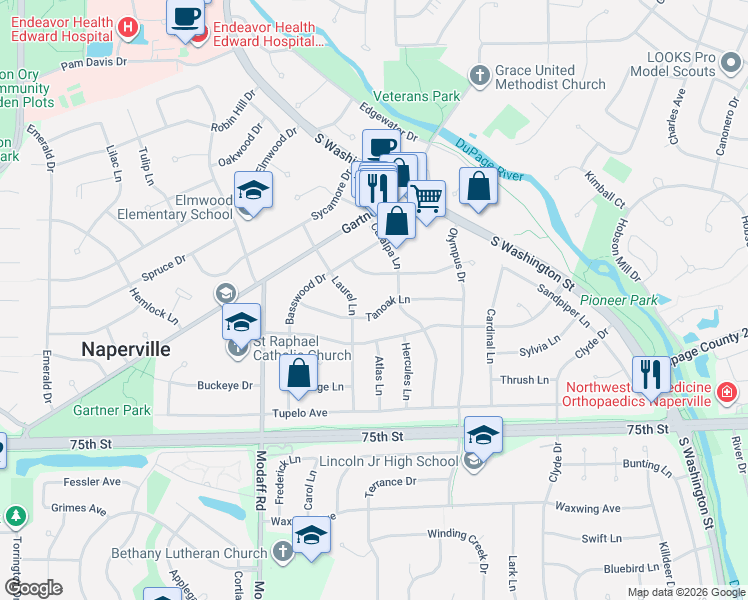 map of restaurants, bars, coffee shops, grocery stores, and more near 221 Tanoak Lane in Naperville