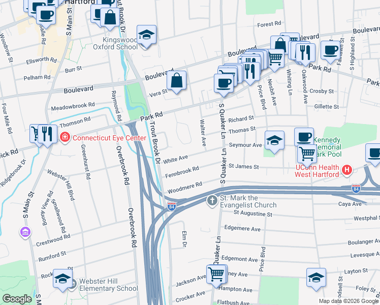 map of restaurants, bars, coffee shops, grocery stores, and more near 62 White Avenue in West Hartford
