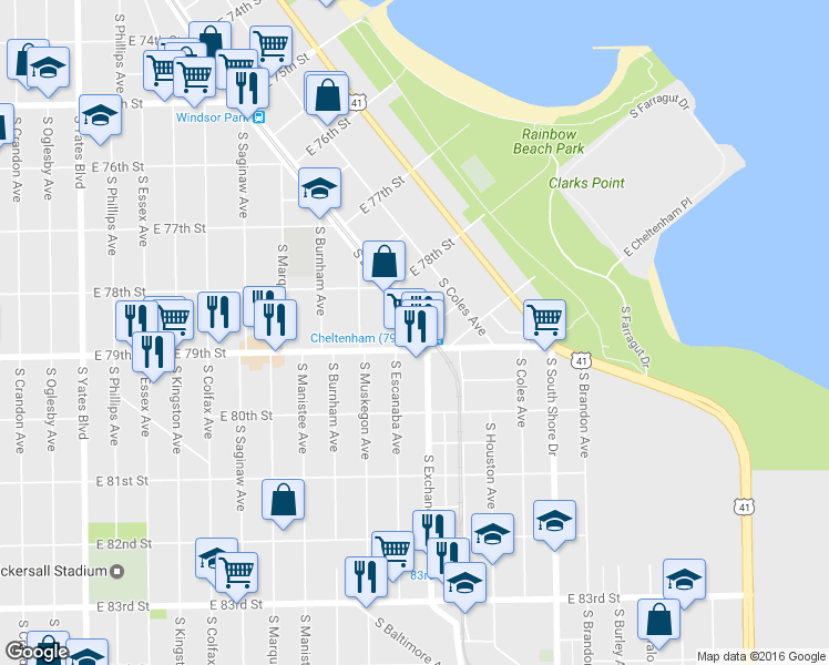 map of restaurants, bars, coffee shops, grocery stores, and more near 7850 South Escanaba Avenue in Chicago