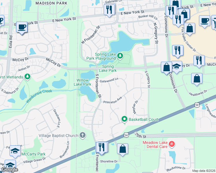 map of restaurants, bars, coffee shops, grocery stores, and more near 95 Churchill Lane in Aurora