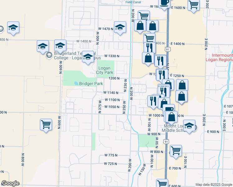map of restaurants, bars, coffee shops, grocery stores, and more near 276 West 1140 North in Logan
