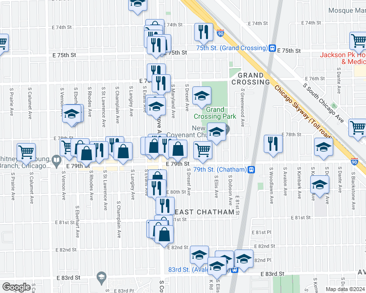 map of restaurants, bars, coffee shops, grocery stores, and more near 7822 South Drexel Avenue in Chicago