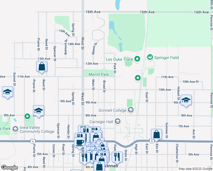 map of restaurants, bars, coffee shops, grocery stores, and more near 1510 Broad Street in Grinnell