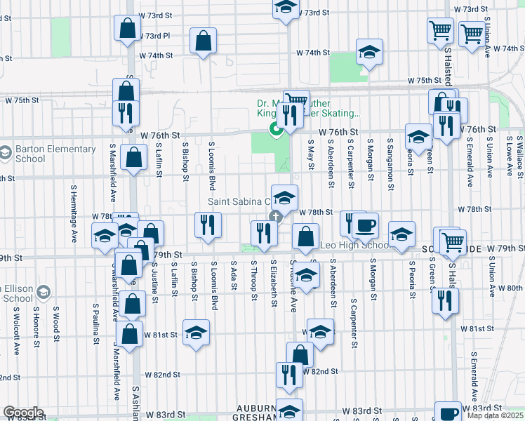 map of restaurants, bars, coffee shops, grocery stores, and more near 7756 South Throop Street in Chicago