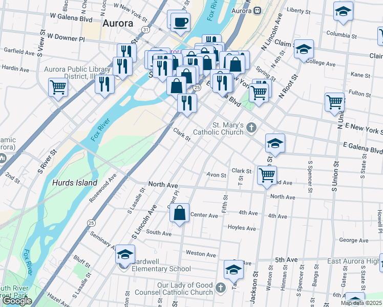 map of restaurants, bars, coffee shops, grocery stores, and more near 158 1/2 South Lincoln Avenue in Aurora